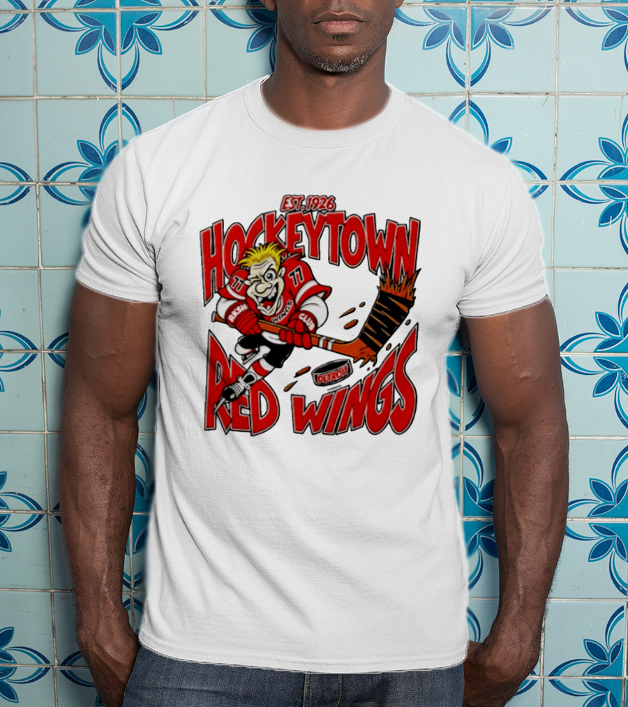 Detroit Red Wings Hockeytown Est. 1926 Vintage Cartoon Player With Flaming Hockey Stick T-Shirt