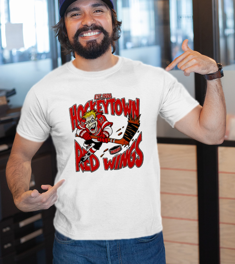 Detroit Red Wings Hockeytown Est. 1926 Vintage Cartoon Player With Flaming Hockey Stick T-Shirt