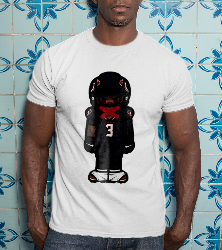 Houston Texans Cartoon Caricature Player Jersey Number 3 Red X Mouth T-Shirt