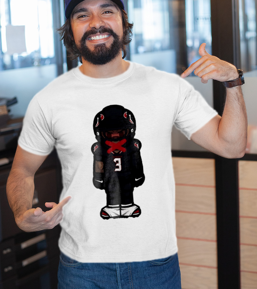 Houston Texans Cartoon Caricature Player Jersey Number 3 Red X Mouth T-Shirt
