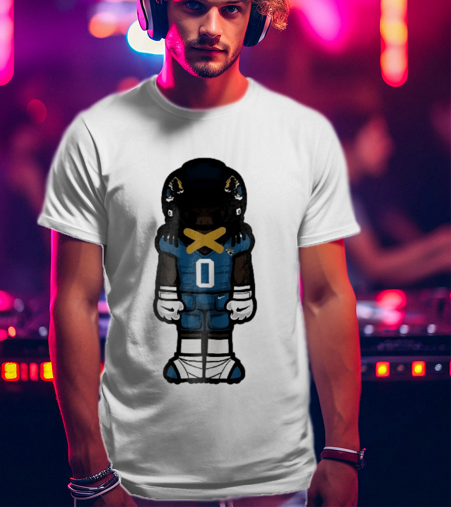Jacksonville Jaguars Cartoon Caricature Player Jersey 0 Gold Tape Football Team Merchandise T-Shirt