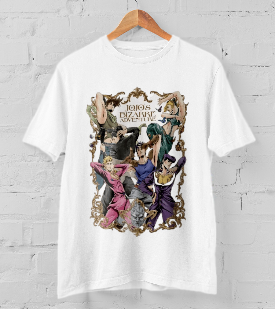 JoJo's Bizarre Adventure Characters Posing In Ornate Gold Frame With Stone Mask T-Shirt