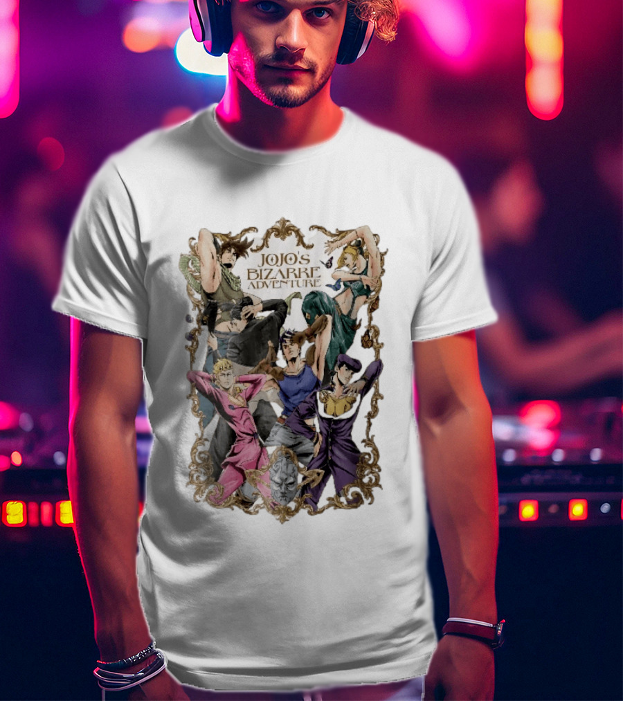 JoJo's Bizarre Adventure Characters Posing In Ornate Gold Frame With Stone Mask T-Shirt