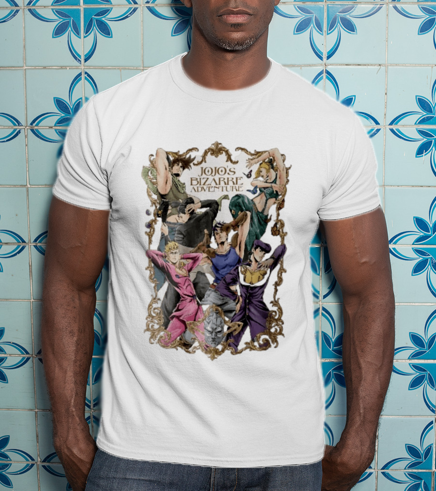 JoJo's Bizarre Adventure Characters Posing In Ornate Gold Frame With Stone Mask T-Shirt
