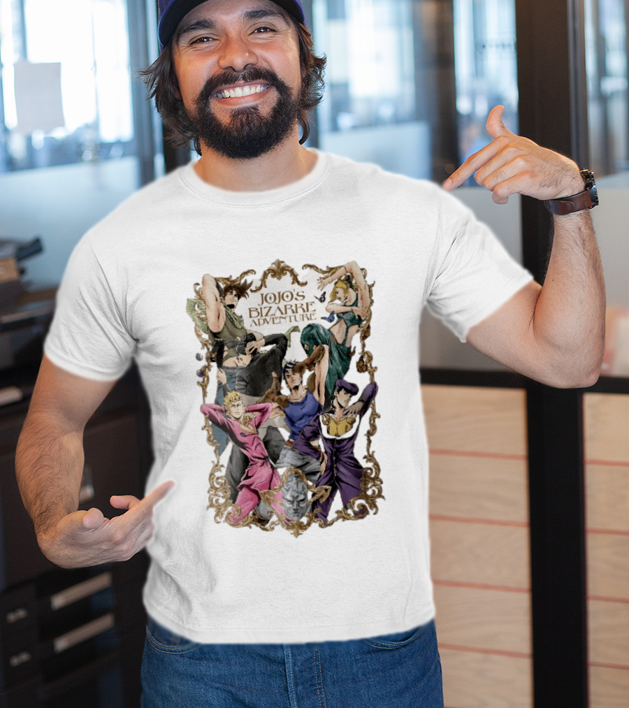JoJo's Bizarre Adventure Characters Posing In Ornate Gold Frame With Stone Mask T-Shirt