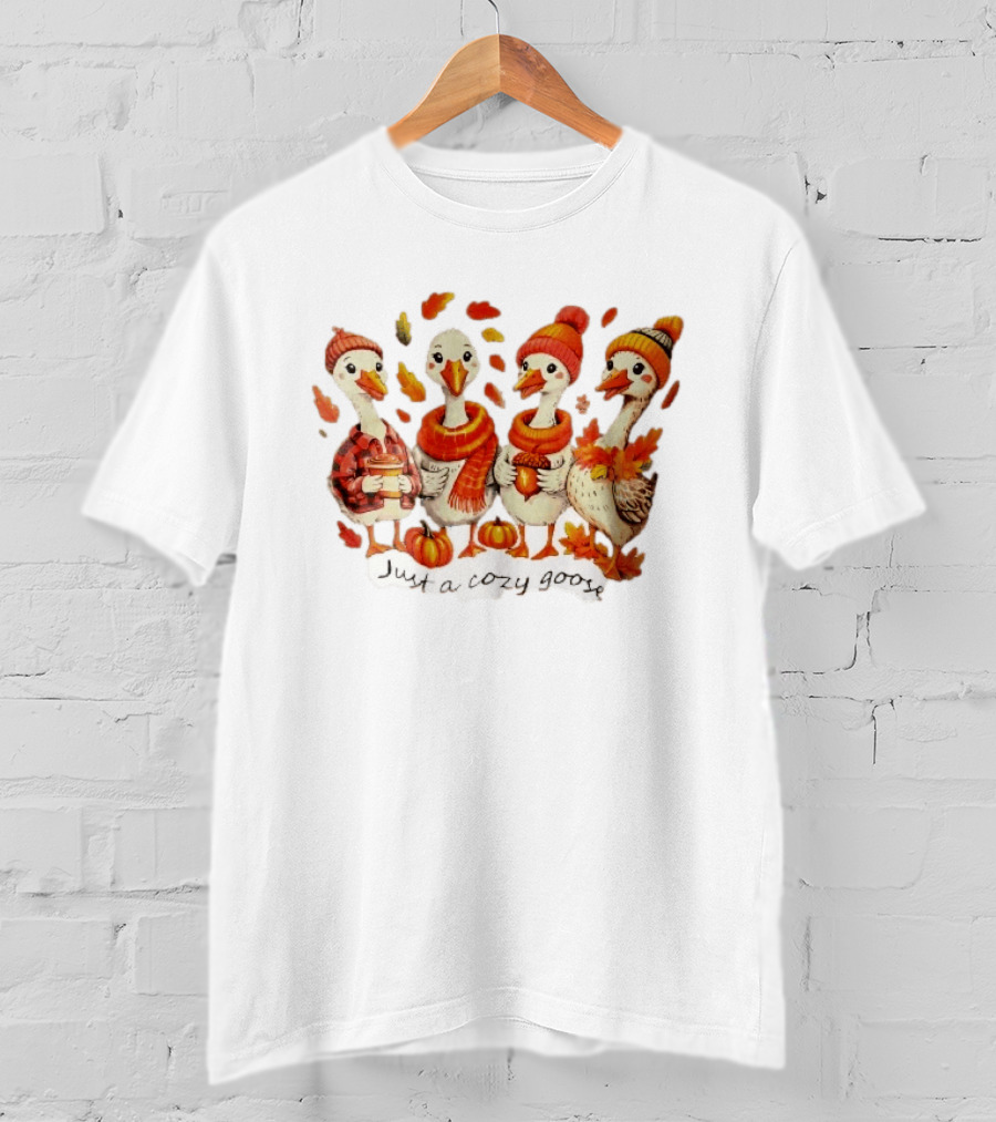 Cozy Goose Autumn Theme Four Cartoon Birds Leaves Pumpkins T-Shirt
