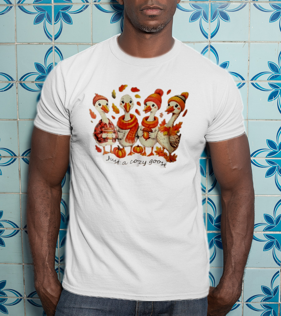 Cozy Goose Autumn Theme Four Cartoon Birds Leaves Pumpkins T-Shirt