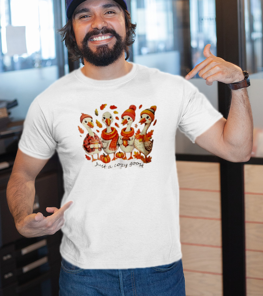 Cozy Goose Autumn Theme Four Cartoon Birds Leaves Pumpkins T-Shirt