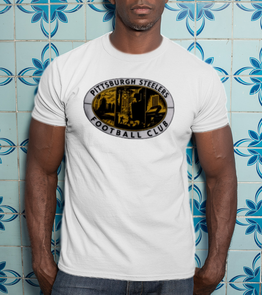 Pittsburgh Steelers Football Club Distressed Oval Emblem Cityscape T-Shirt