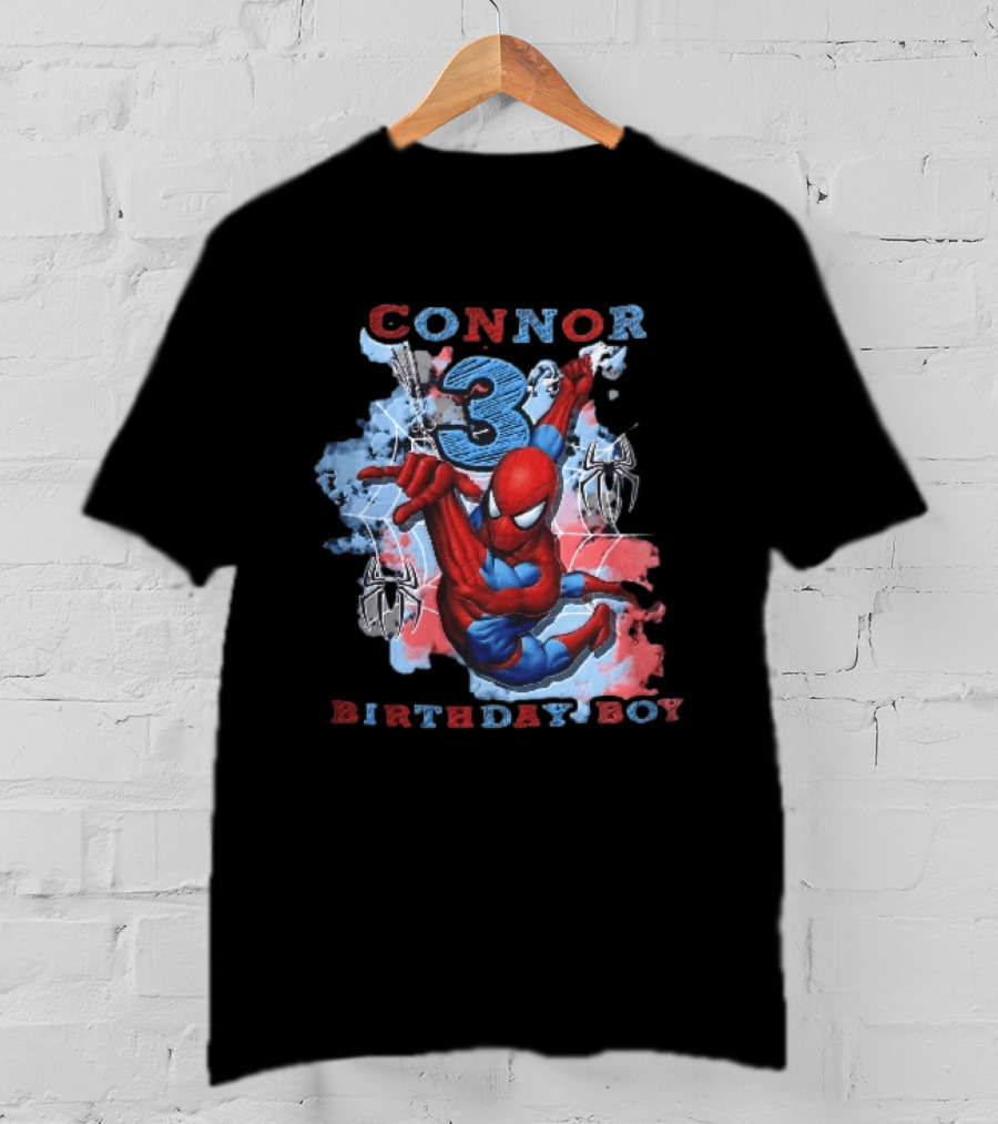 Connor 3 Birthday Boy Spider Man Web Slinging Cartoon T-Shirt