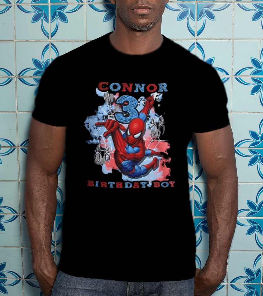 Connor 3 Birthday Boy Spider Man Web Slinging Cartoon T-Shirt