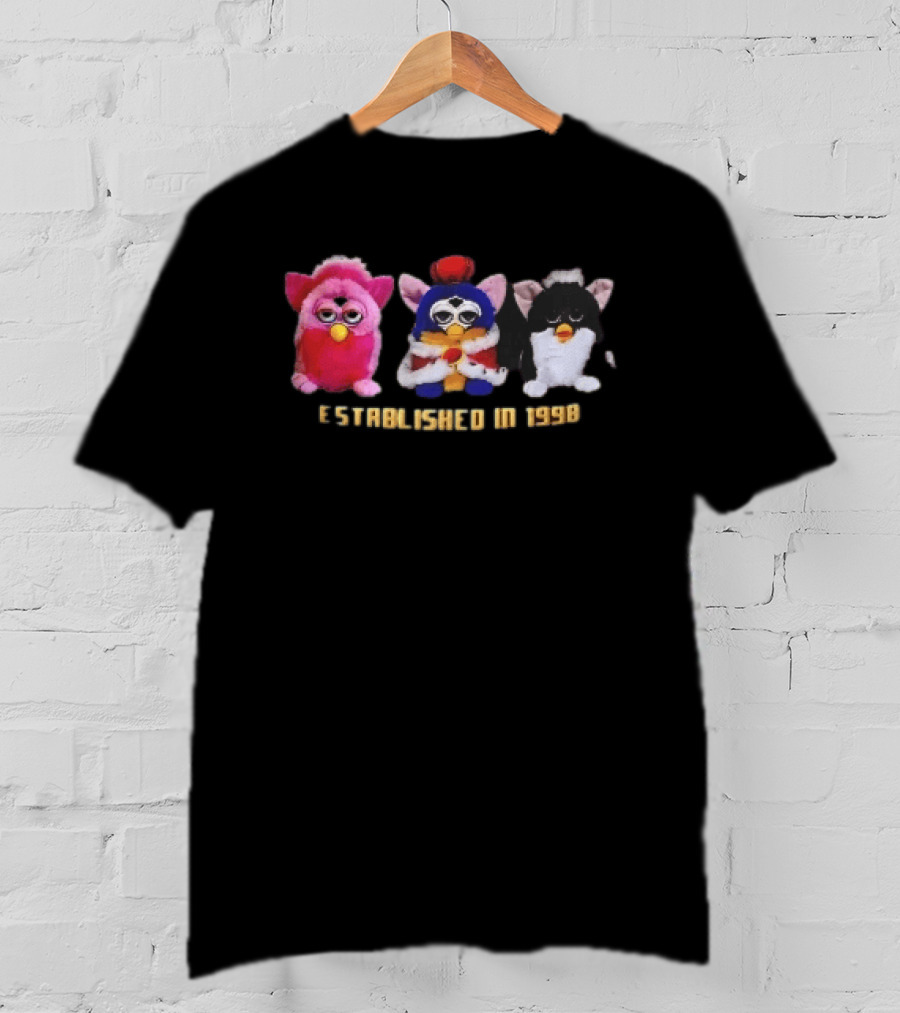 Established In 1998 Three Furby Plush Toys With Crown T-Shirt