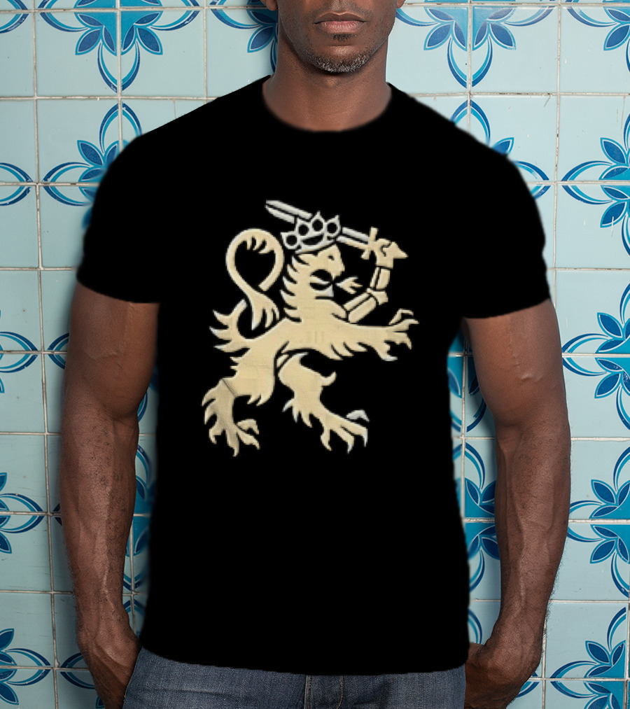 Heraldic Gold Rampant Lion With Crown Sword And Brass Knuckles T-Shirt