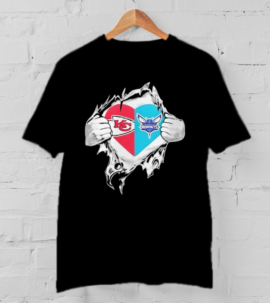 Kansas City Chiefs Charlotte Hornets Heart Hands Ripping Open T-Shirt