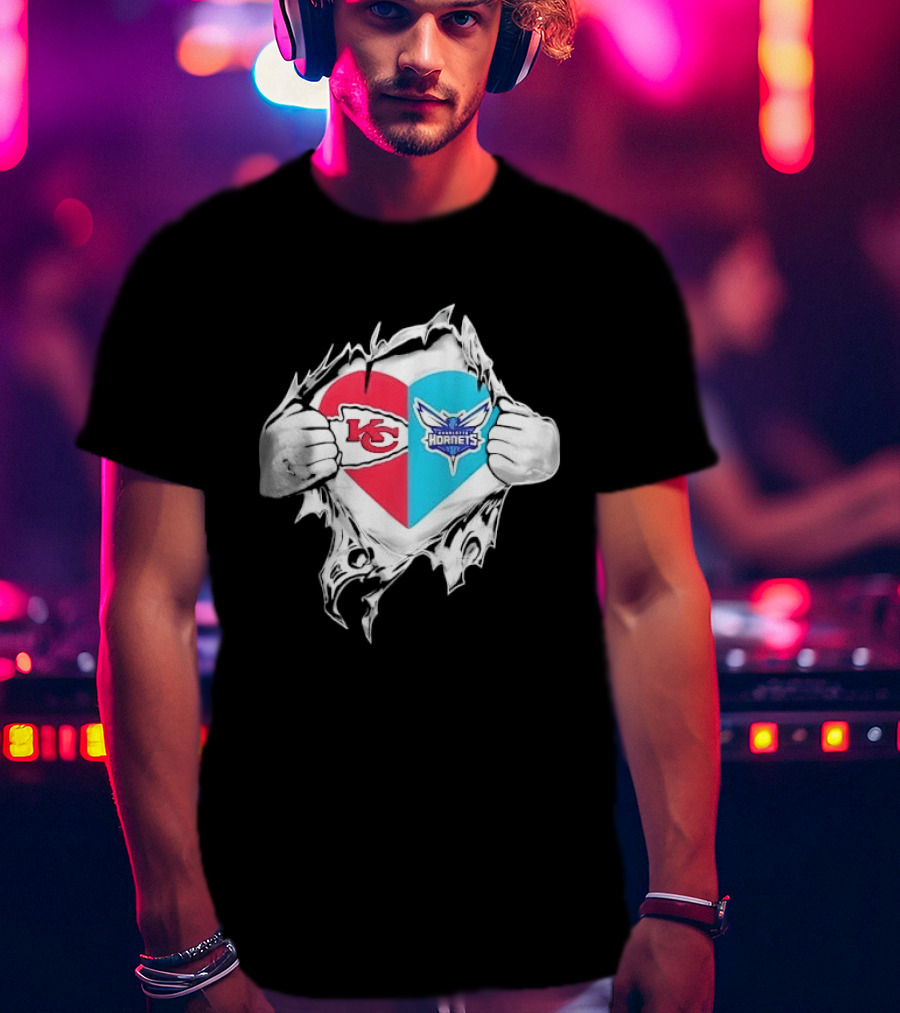 Kansas City Chiefs Charlotte Hornets Heart Hands Ripping Open T-Shirt