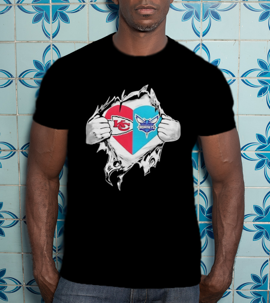 Kansas City Chiefs Charlotte Hornets Heart Hands Ripping Open T-Shirt