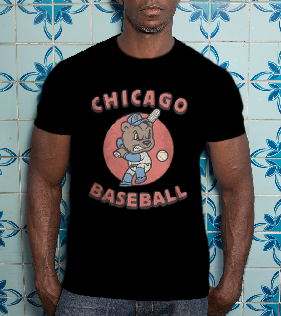 Chicago Cubs Baseball Bear Swinging Bat Cartoon T-Shirt
