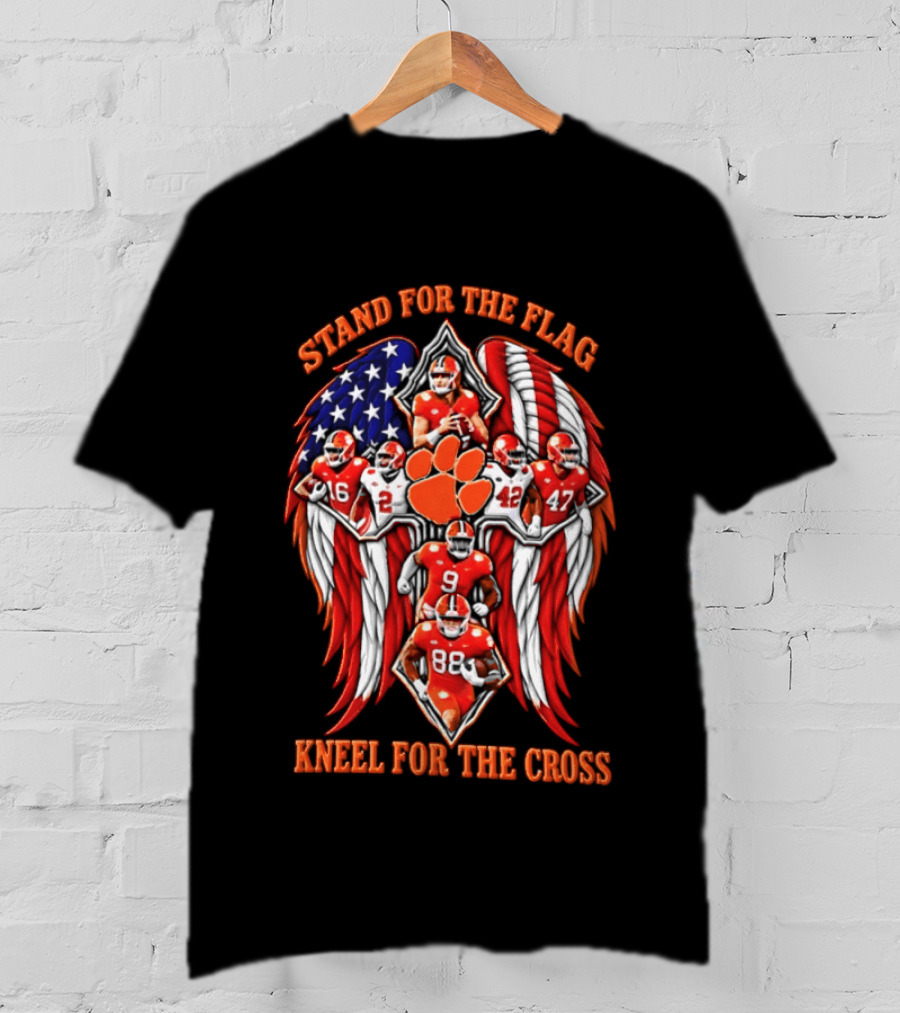 Clemson Tigers Stand For The Flag Kneel For The Cross 2026 American Flag Football Paw T-Shirt