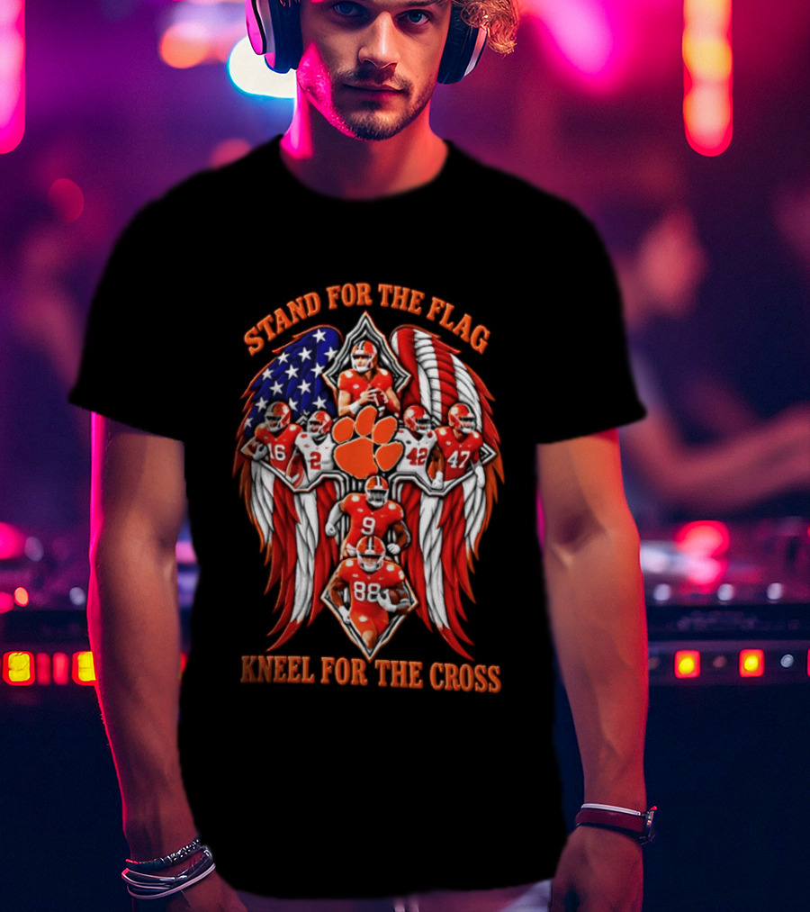 Clemson Tigers Stand For The Flag Kneel For The Cross 2026 American Flag Football Paw T-Shirt