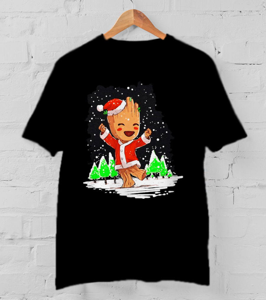 Dancing Santa Groot Christmas Trees Snow Scene T-Shirt