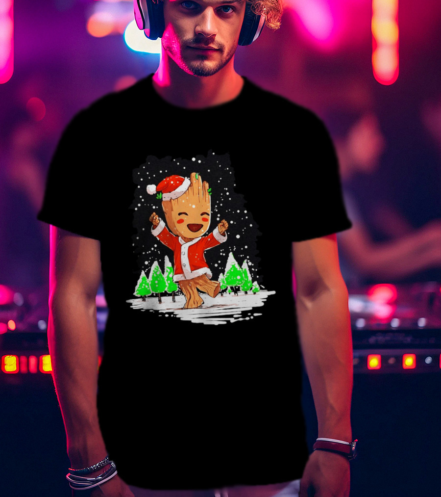 Dancing Santa Groot Christmas Trees Snow Scene T-Shirt