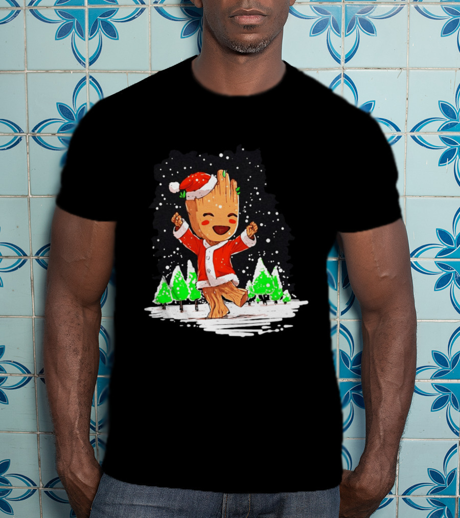 Dancing Santa Groot Christmas Trees Snow Scene T-Shirt
