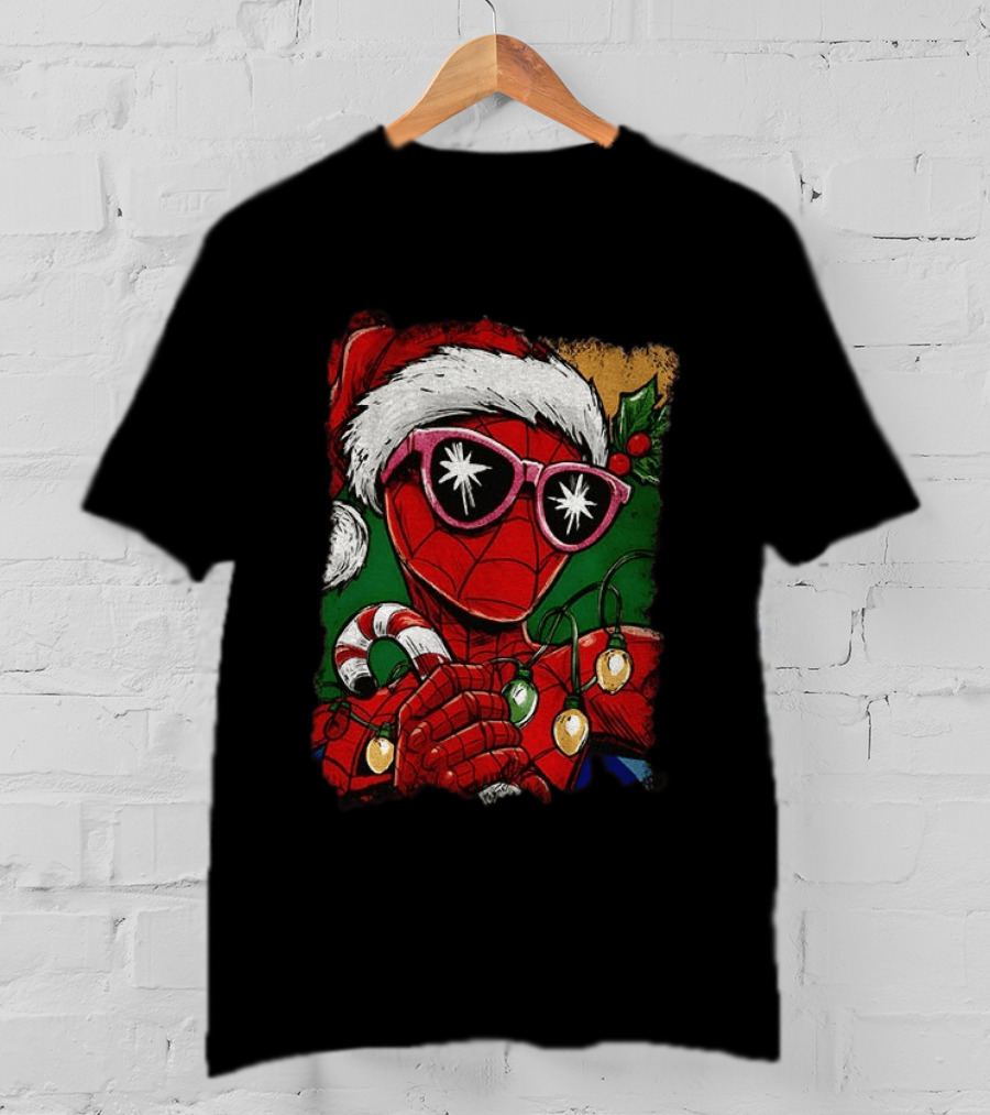 Marvel Spider Man Christmas Santa Candy Cane Festive Lights T-Shirt