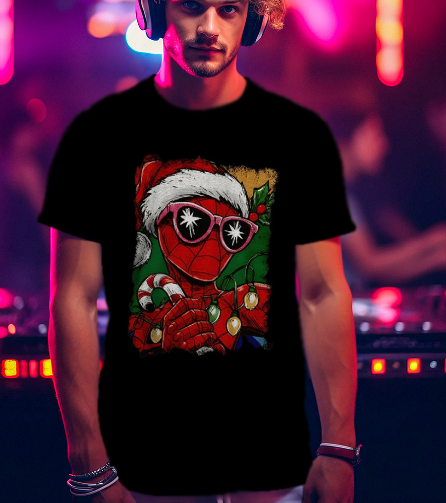 Marvel Spider Man Christmas Santa Candy Cane Festive Lights T-Shirt
