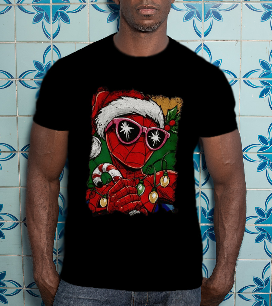 Marvel Spider Man Christmas Santa Candy Cane Festive Lights T-Shirt