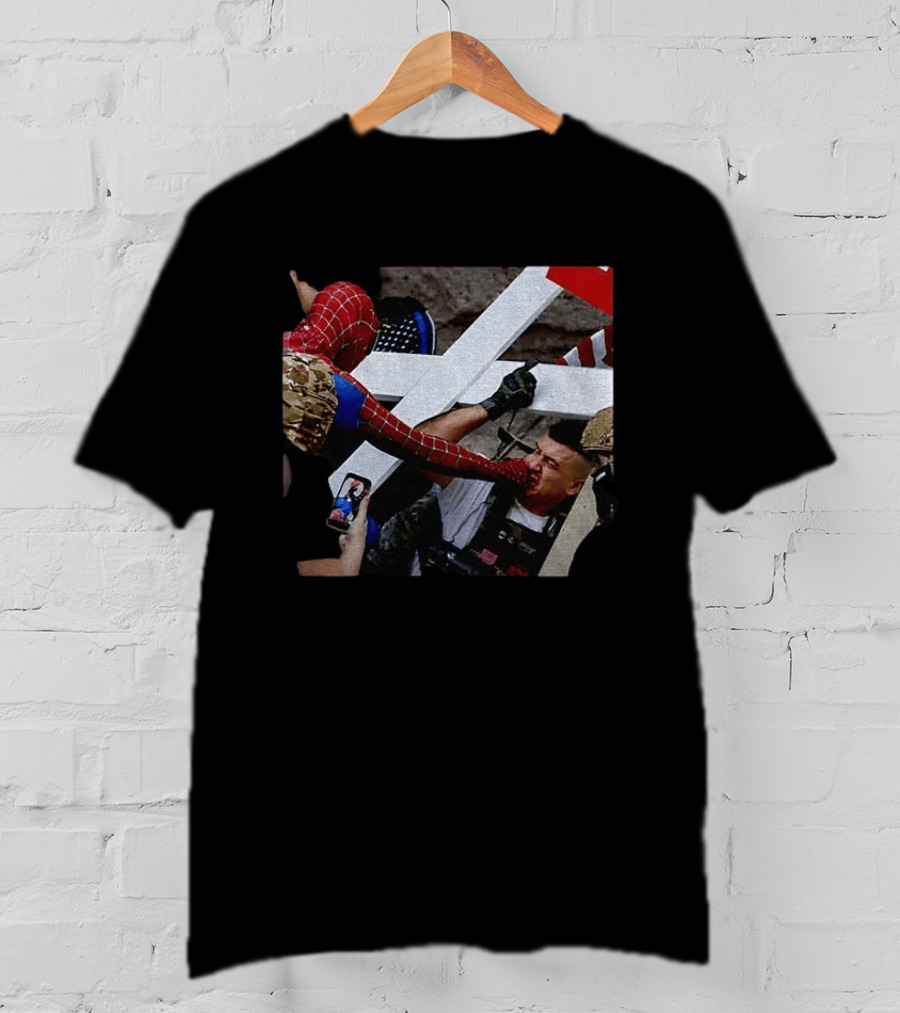 Minneapolis Spider Man Punching Protest Collage With American Flag And Cross T-Shirt
