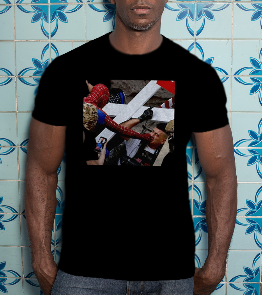Minneapolis Spider Man Punching Protest Collage With American Flag And Cross T-Shirt