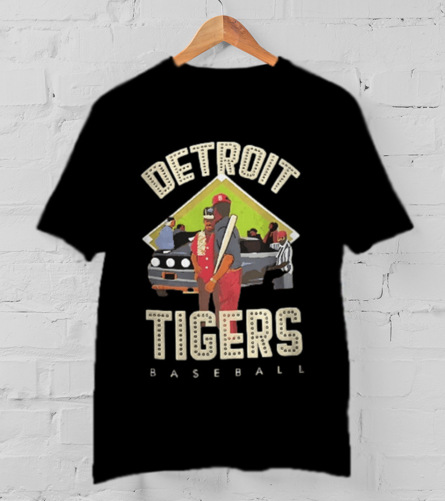 Detroit Tigers Baseball Figures Convertible Car And Bat Scene T-Shirt