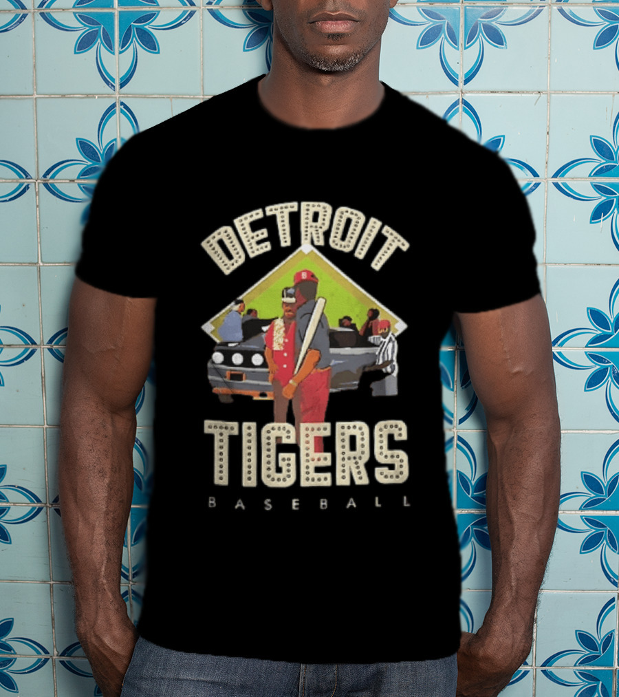 Detroit Tigers Baseball Figures Convertible Car And Bat Scene T-Shirt