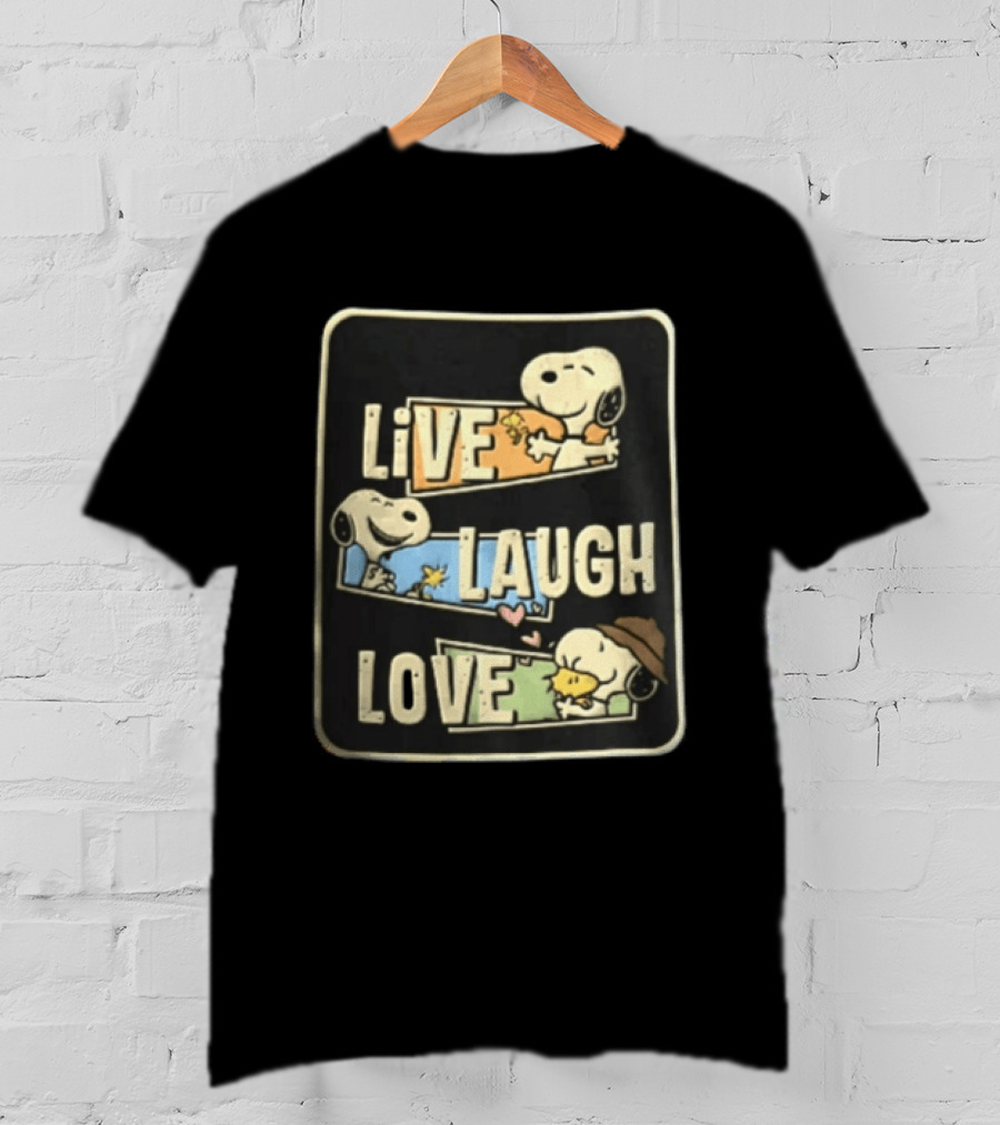 Live Laugh Love Peanuts Snoopy Woodstock Hugging Panels T-Shirt