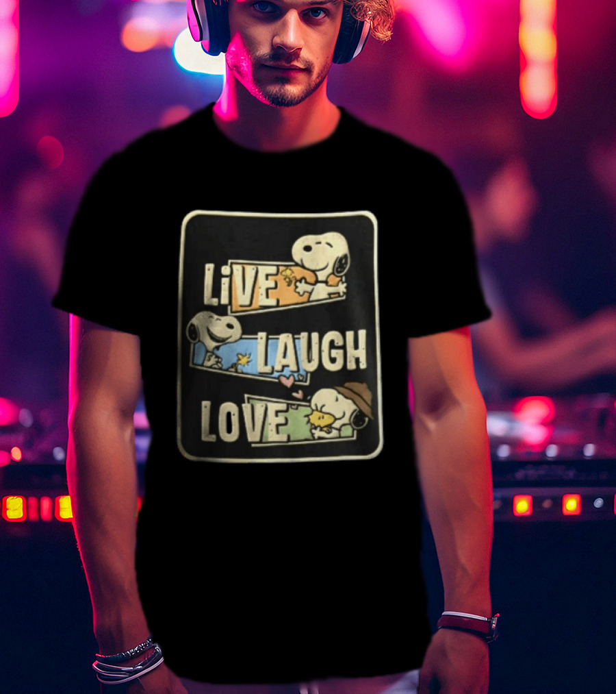 Live Laugh Love Peanuts Snoopy Woodstock Hugging Panels T-Shirt