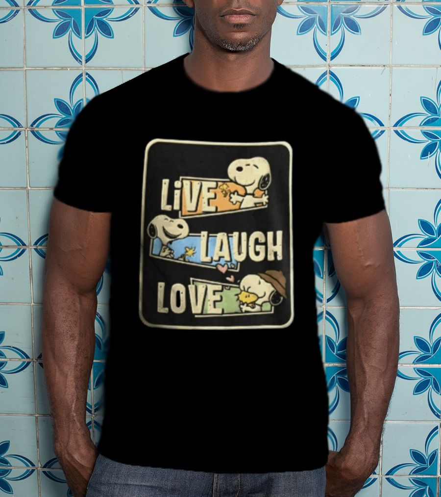 Live Laugh Love Peanuts Snoopy Woodstock Hugging Panels T-Shirt