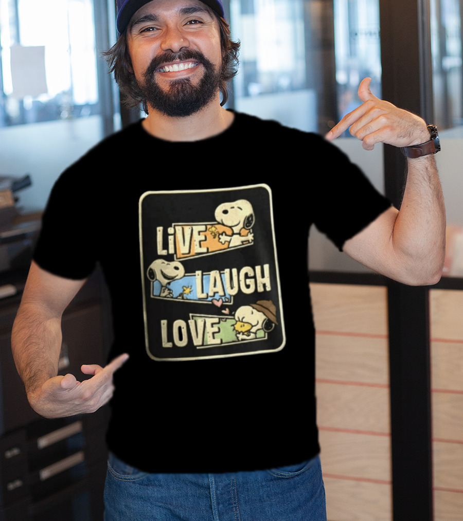 Live Laugh Love Peanuts Snoopy Woodstock Hugging Panels T-Shirt