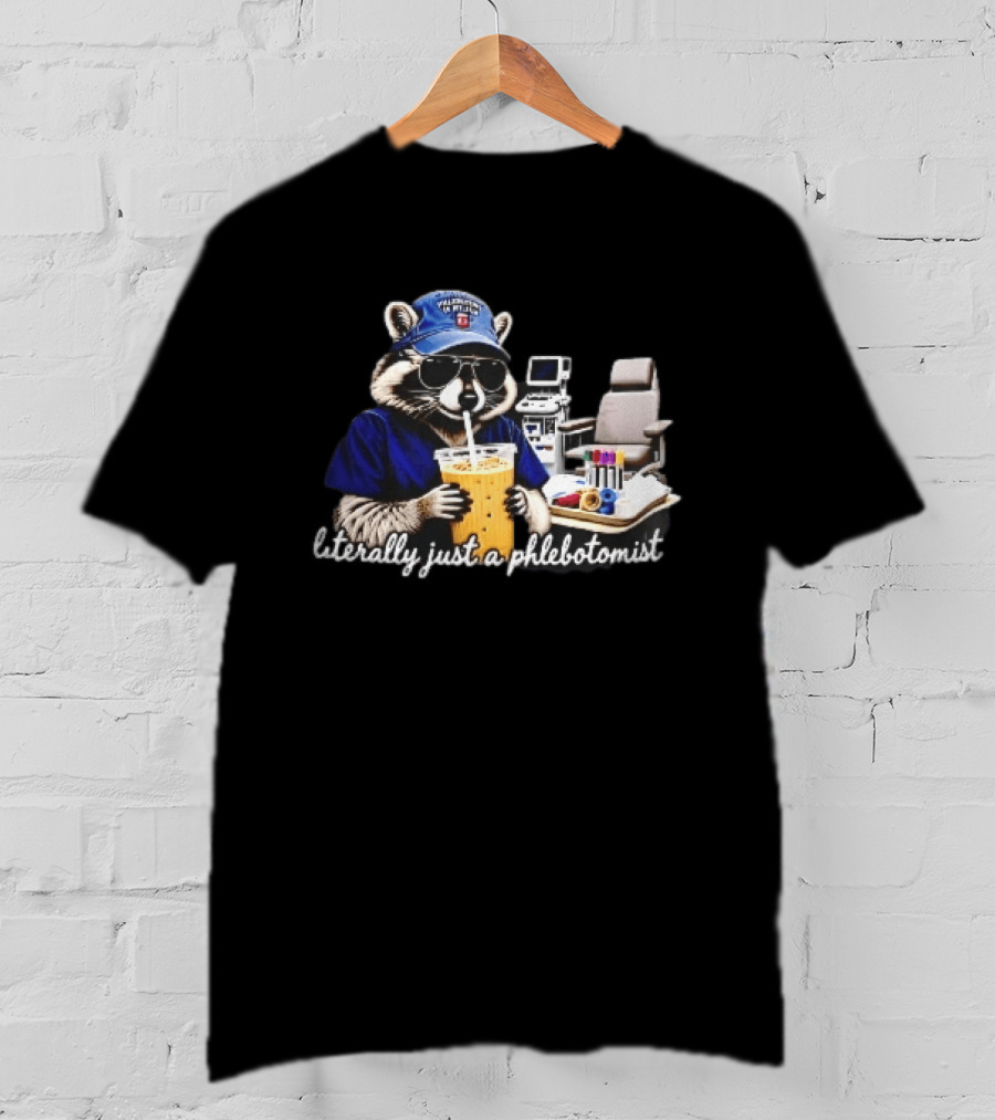 Raccoon Phlebotomist In Scrubs Sipping Drink With Blood Collection Tubes T-Shirt
