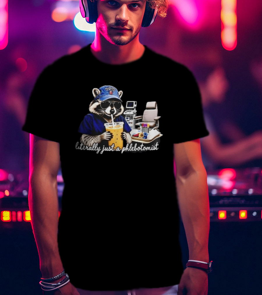 Raccoon Phlebotomist In Scrubs Sipping Drink With Blood Collection Tubes T-Shirt