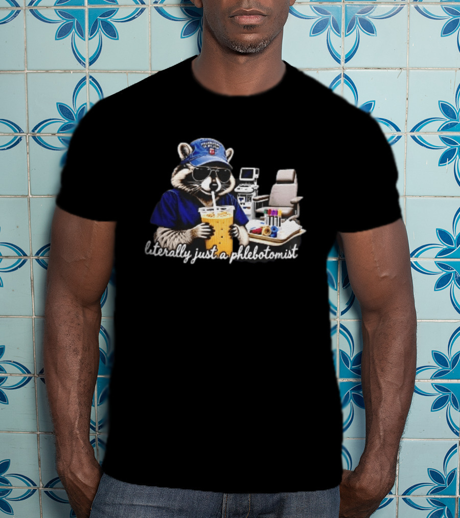 Raccoon Phlebotomist In Scrubs Sipping Drink With Blood Collection Tubes T-Shirt
