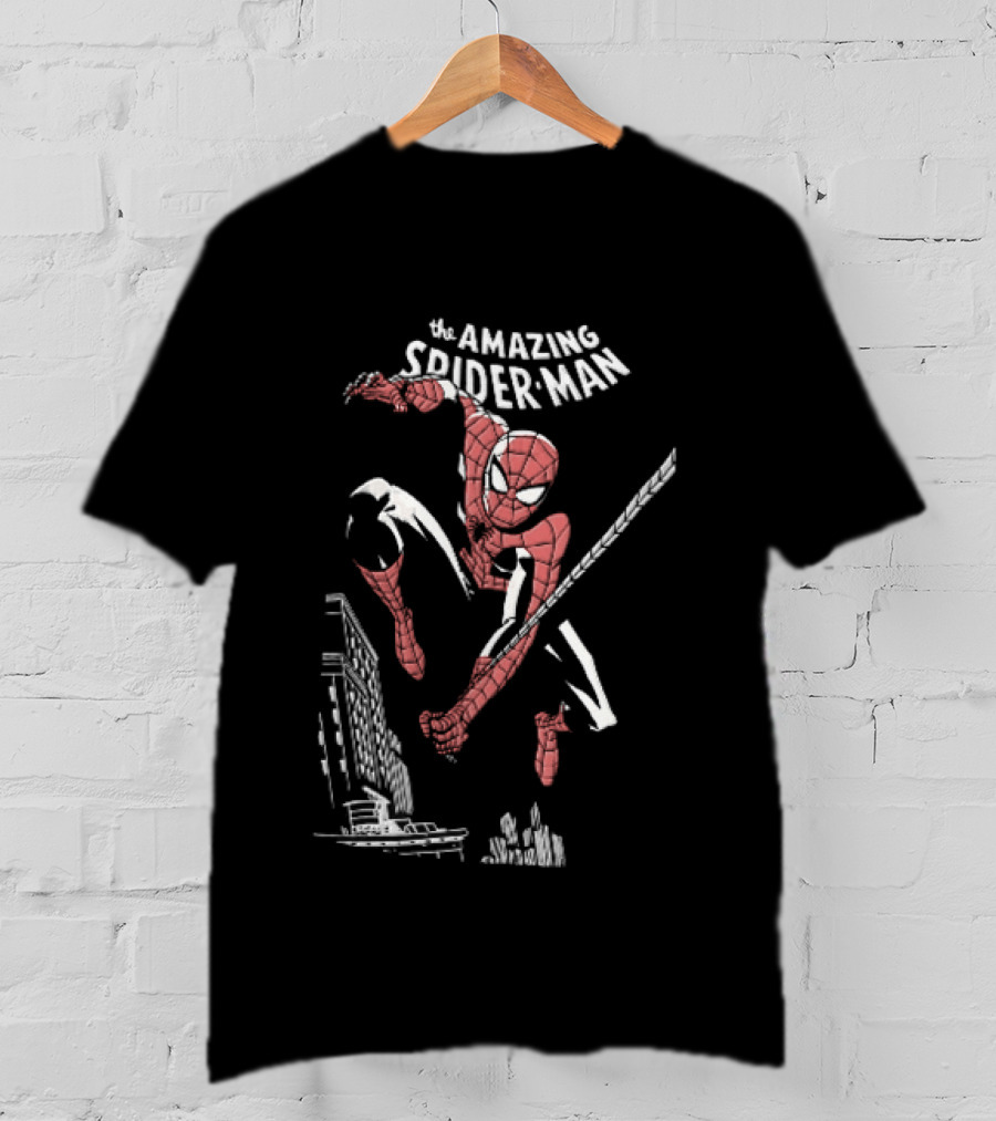 The Amazing Spider Man Swinging Above City Skyline T-Shirt