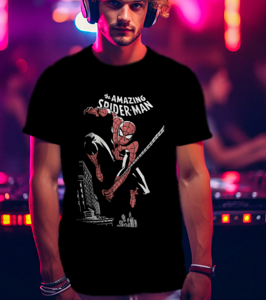 The Amazing Spider Man Swinging Above City Skyline T-Shirt