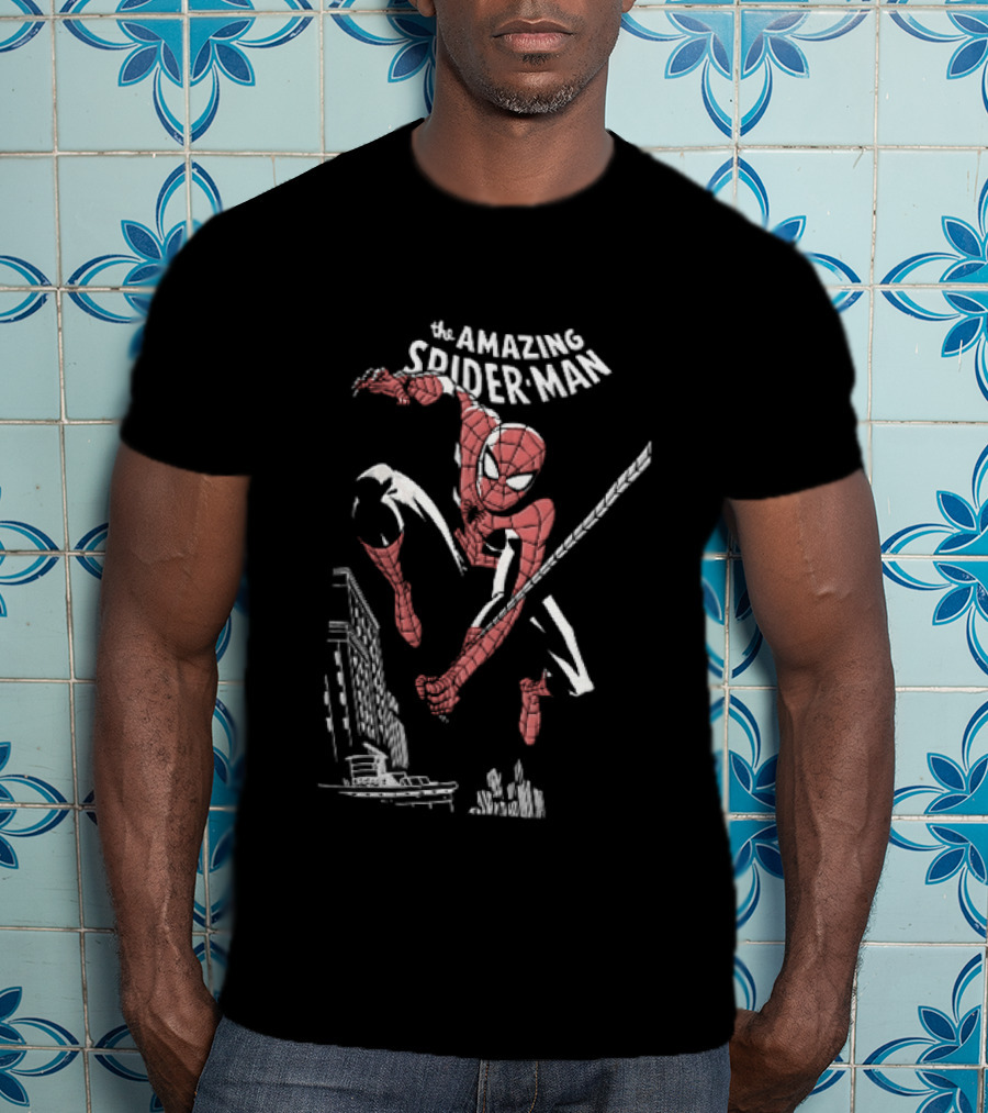 The Amazing Spider Man Swinging Above City Skyline T-Shirt