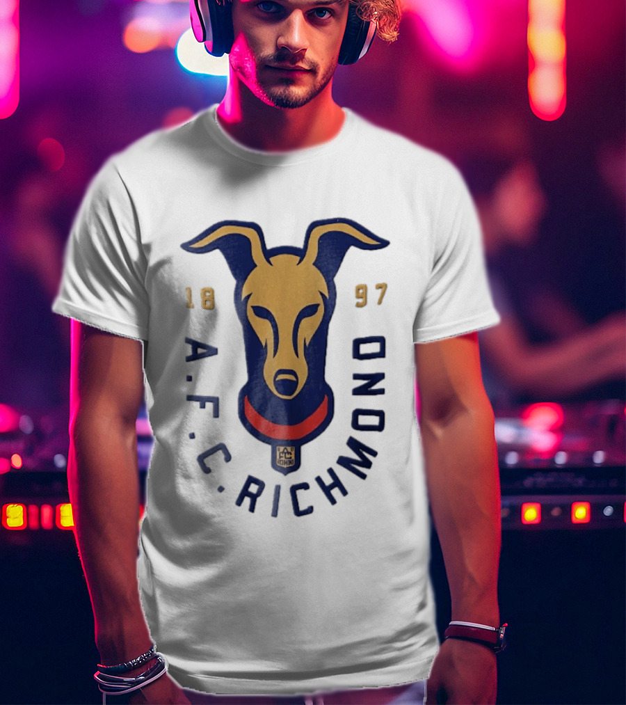 AFC Richmond 1897 Blue And Gold Greyhound Dog Head With Red Collar T-Shirt