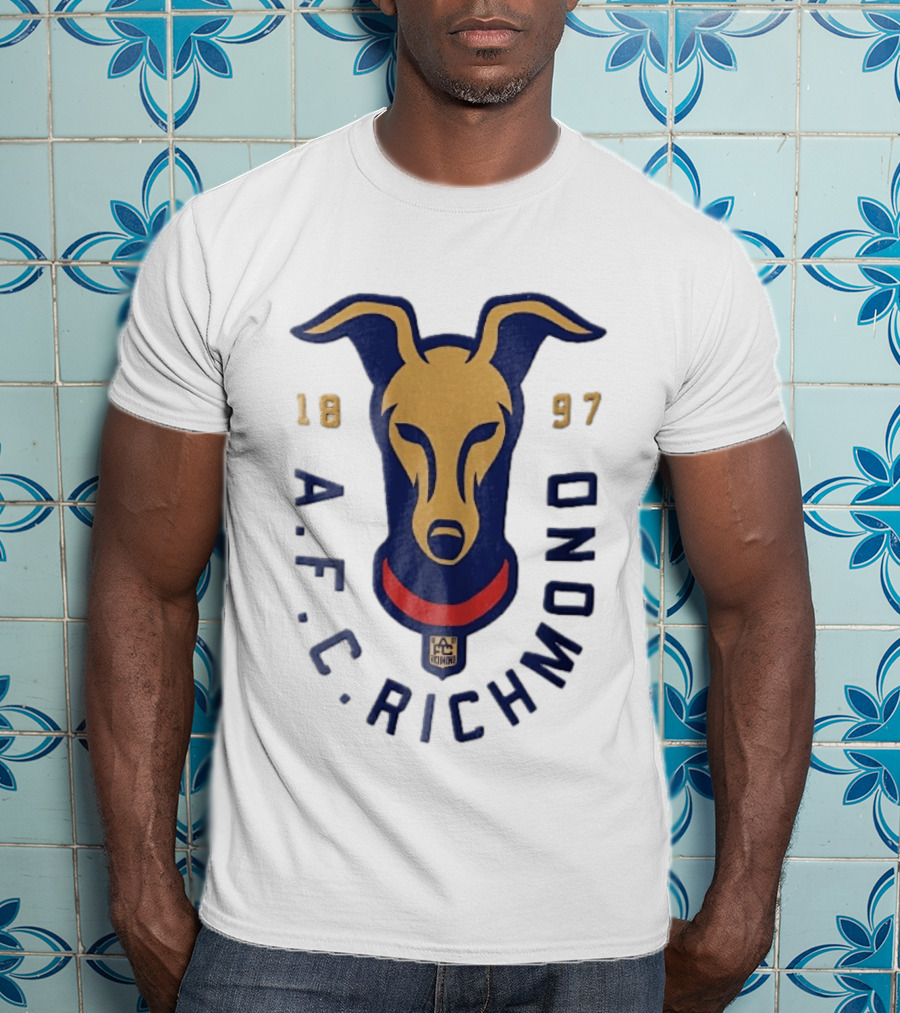 AFC Richmond 1897 Blue And Gold Greyhound Dog Head With Red Collar T-Shirt