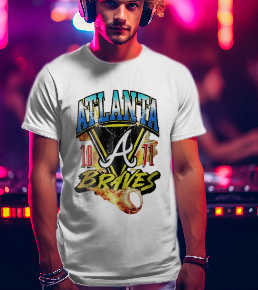 Atlanta Braves 1871 Vintage Flaming Baseball Lightning Triangle T-Shirt