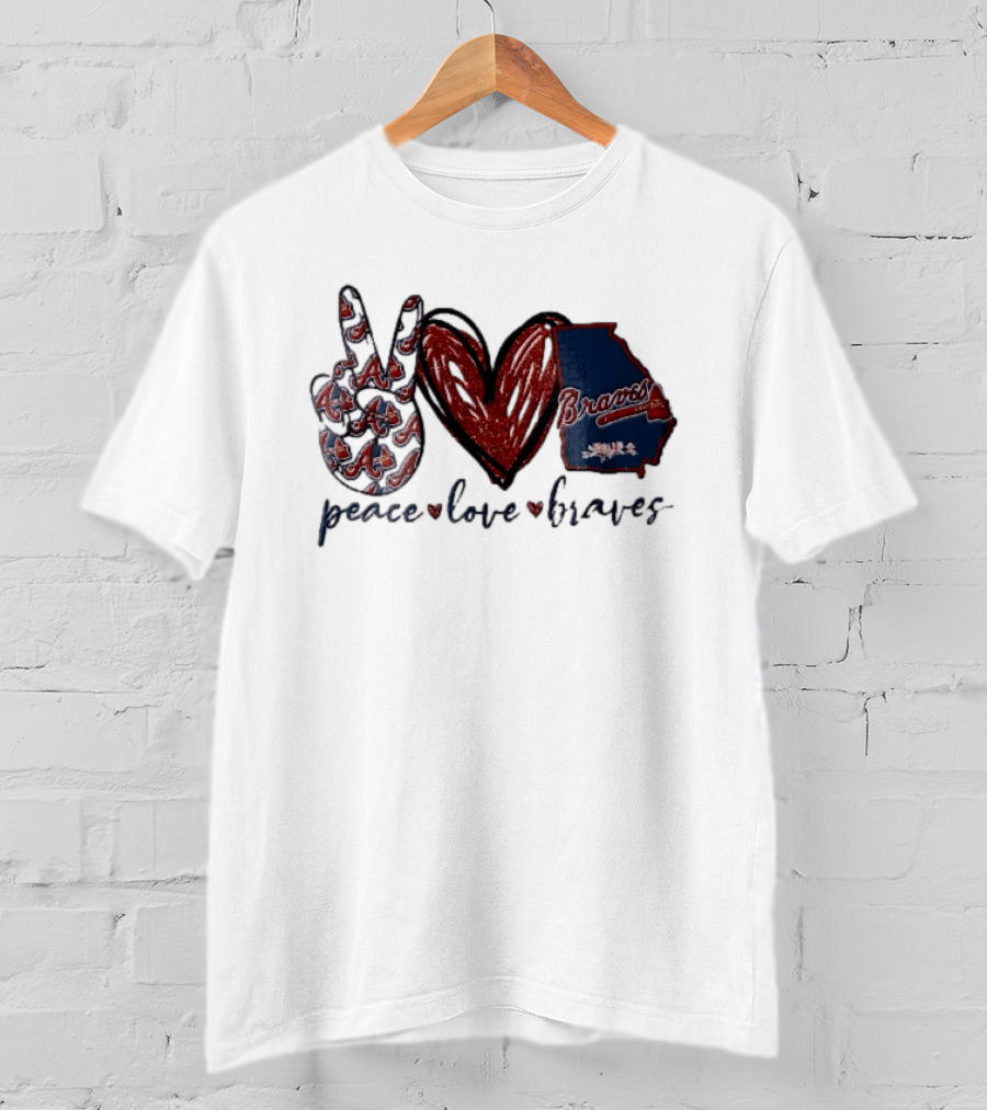 Peace Love Braves Hand Red Glitter Heart Georgia Map T-Shirt