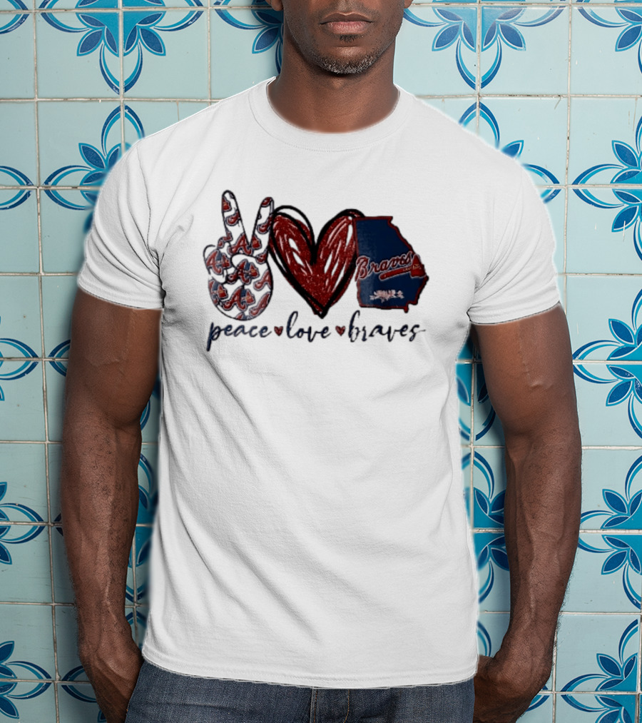 Peace Love Braves Hand Red Glitter Heart Georgia Map T-Shirt
