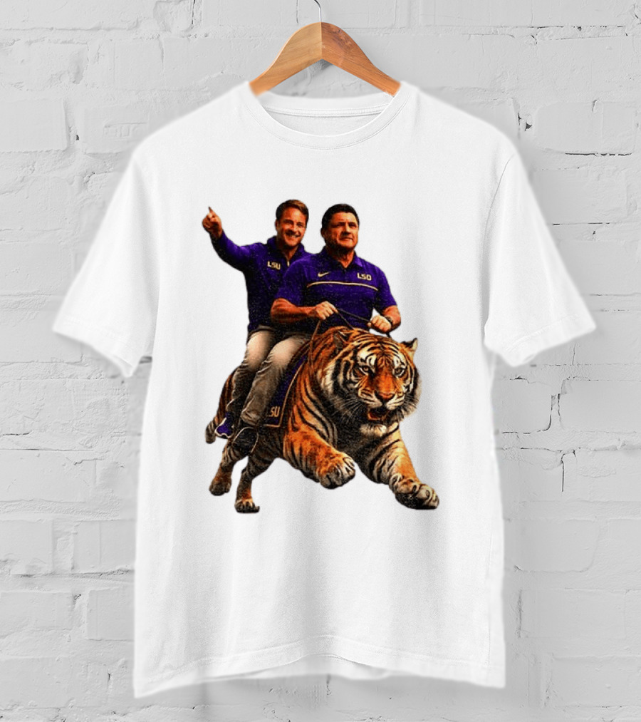 Bayou Brothers Tiger Riding LSU Coach Ed Orgeron Vs Kim Mulkey T-Shirt