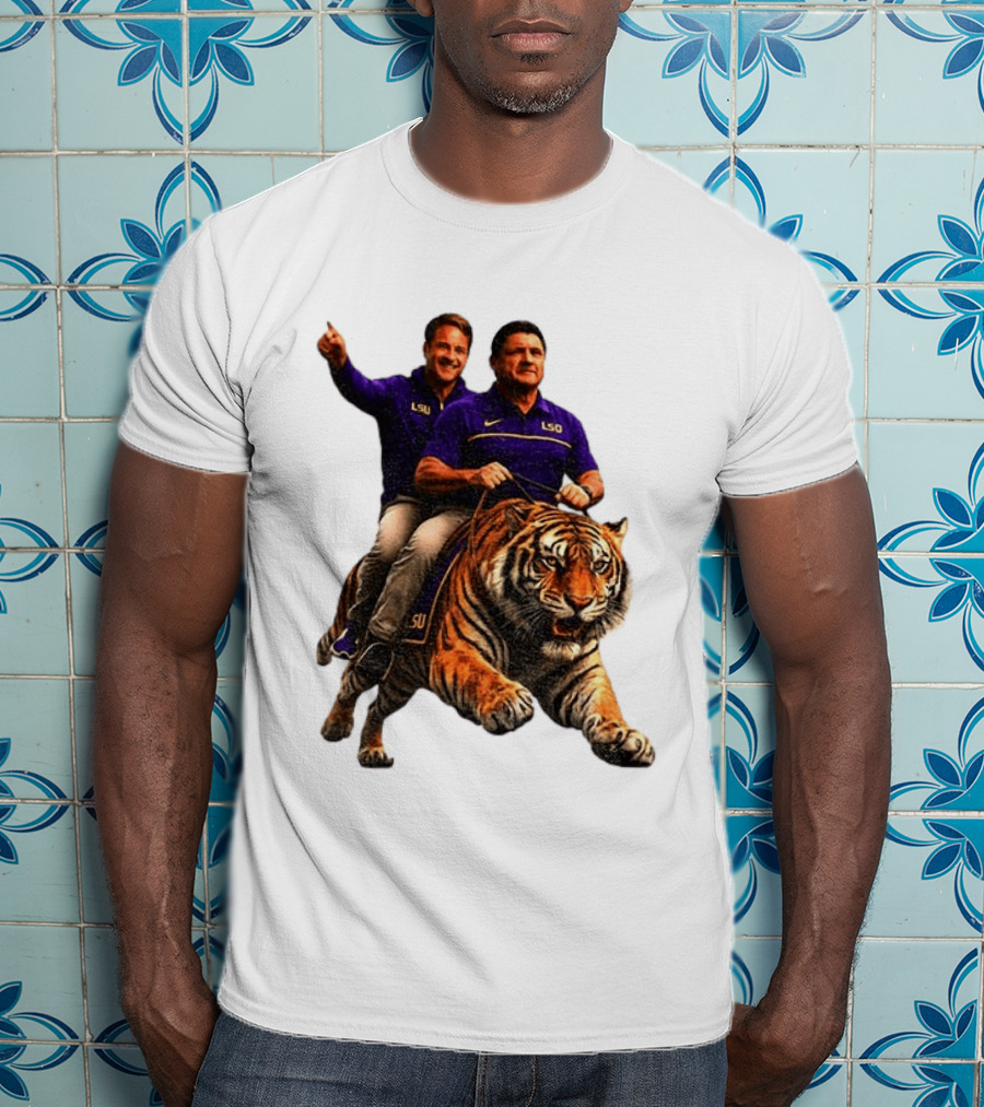 Bayou Brothers Tiger Riding LSU Coach Ed Orgeron Vs Kim Mulkey T-Shirt